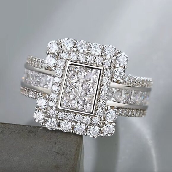 18k White Gold Diamond Ring Pave Diamond Princess Cut Ring - Picture 7 of 10